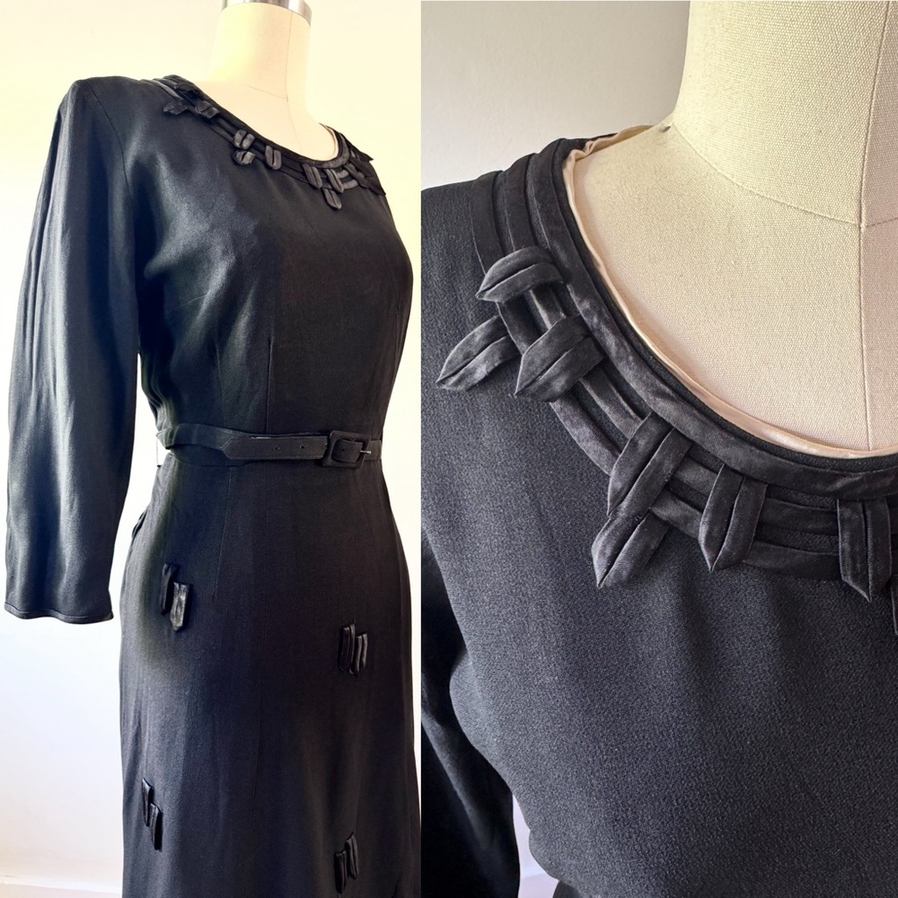 Vintage 1940s rayon crepe belted dress w/ satin appliqués. Henry Gans “Miss Mrs”